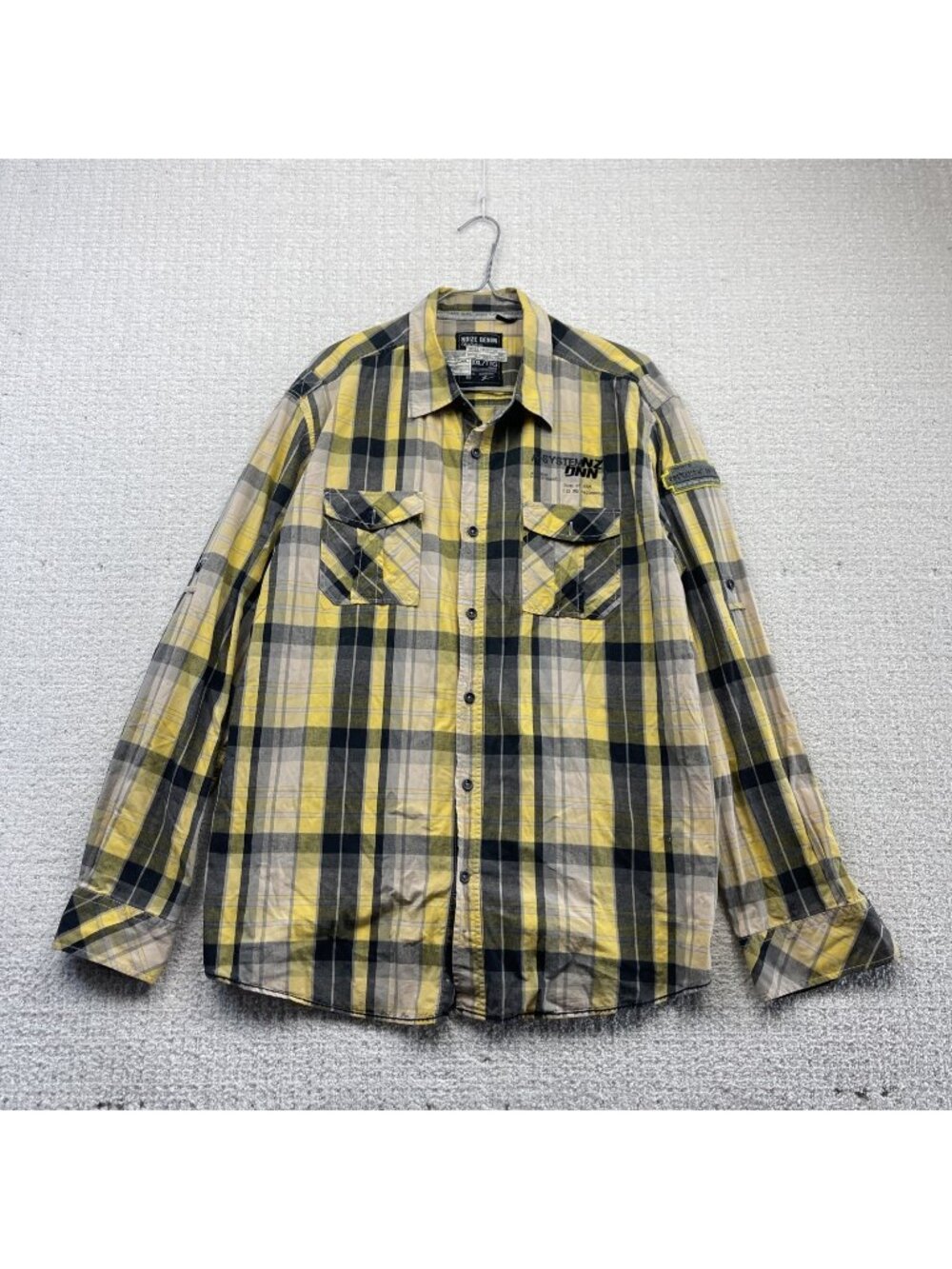 Y2K Button up Dress Shirt Yellow Plaid Grunge Military Patch Western Men Sz 2XL